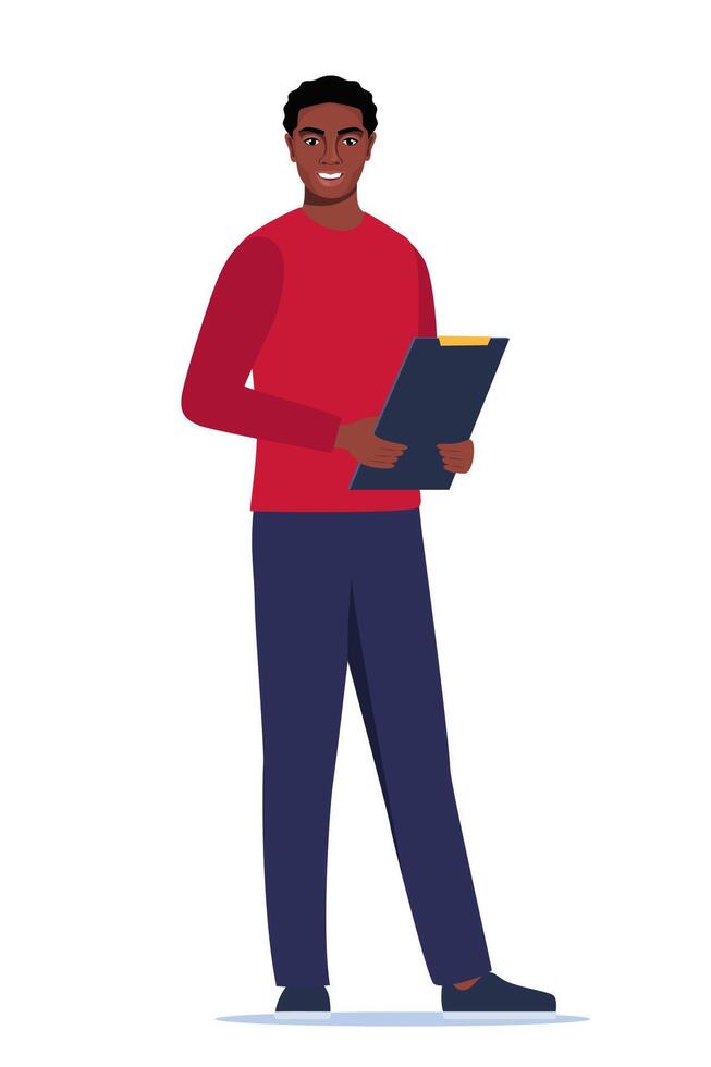 Young character with clipboard standing isolated on white background. Black man introduce, show and present something. Business speaker standing with clipboard. Male presenter. illustration. vector