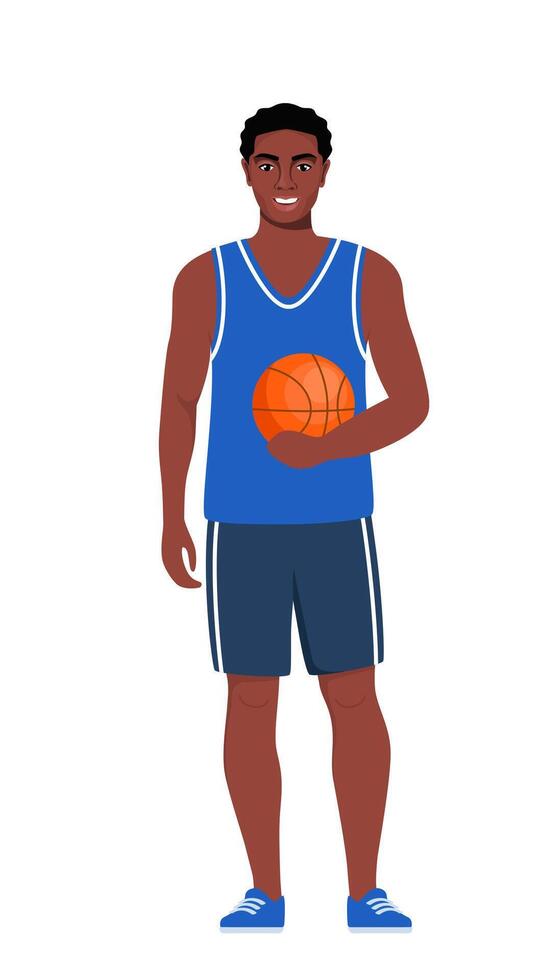 Happy black man basketball player in uniform with ball isolated on white background. illustration. vector