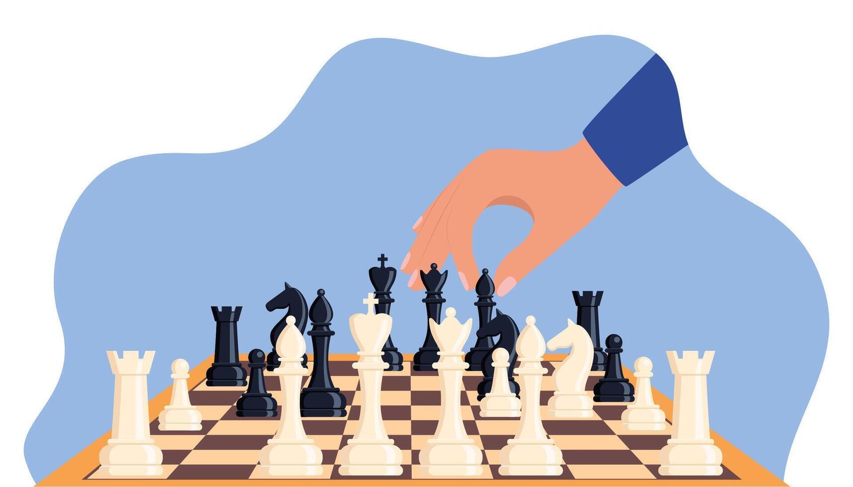 Playing chess. Hand moving chessman piece bishop. Chess game tournament, thinking intelligence competition. illustration. vector