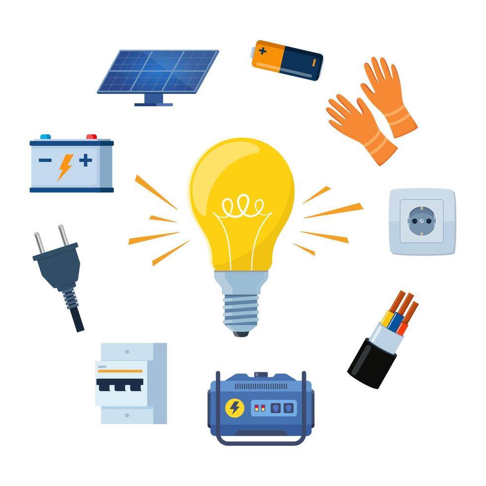Essential Electrical Repair Tools for Professional Technician, Socket Maintenance Service. Electrician worker equipment for electric power system inspection. Electricity, energy concept. . vector