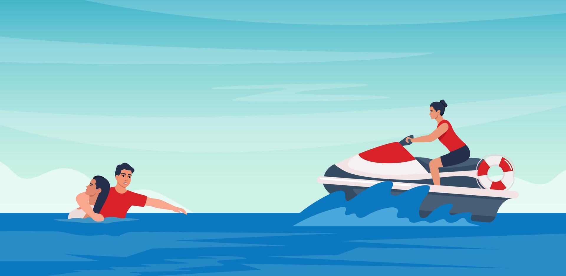 Beach lifeguard saving unconscious woman drowning in water and another one drives water scooter rushing to help them. Emergency and rescue, safety at sea, first aid. illustration. vector