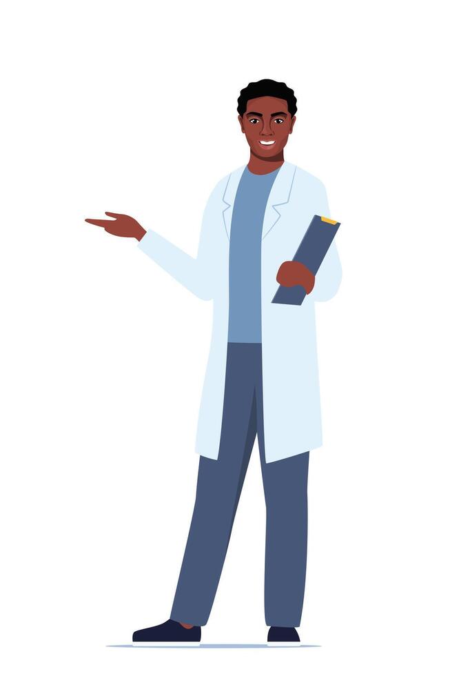 Doctor in medical uniform pointing and showing something with hand. Medicine worker black man explaining and presenting something. flat illustration. vector