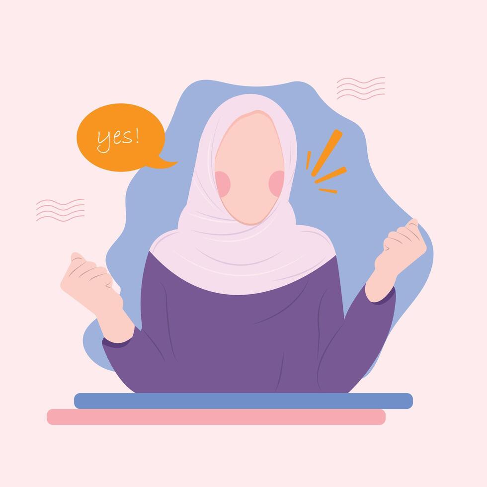 Hijabi happy young muslim woman in the pink abaya and hijab faceless best islamic cartoon expression. illustration, faceless characters vector
