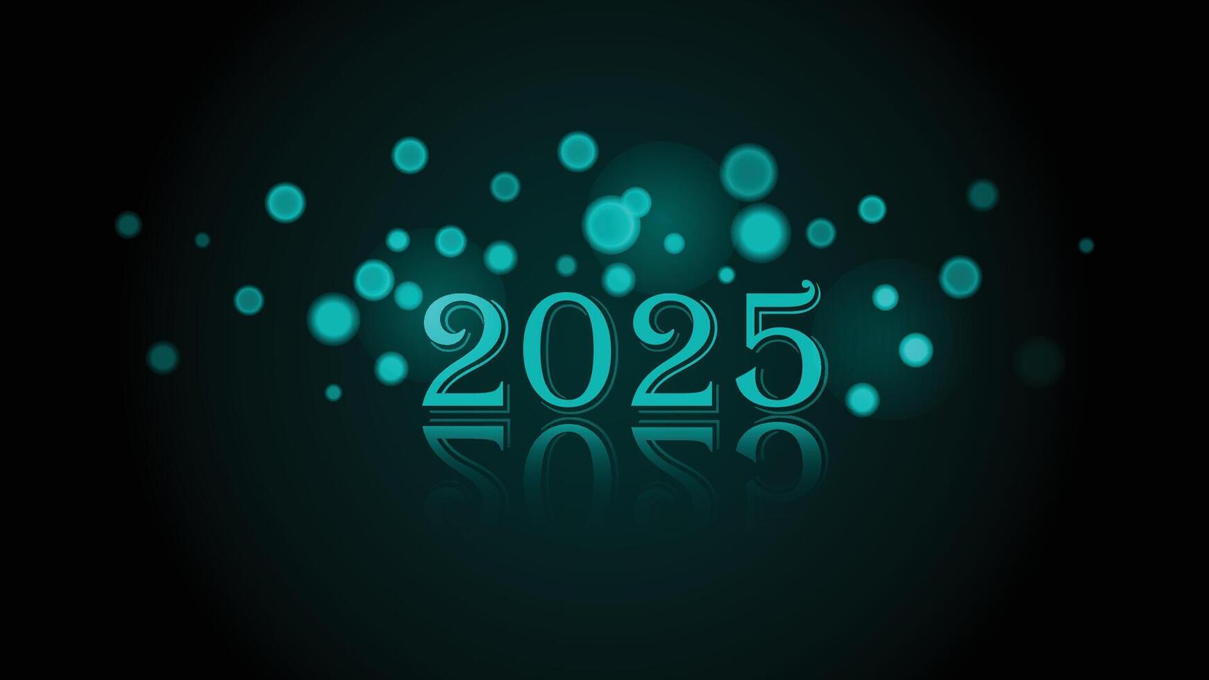 Happy New Year 2025 teal bokeh background effect. teal black background. shadow effect text. new year concept. lighting effect. unique, minimal, glowing vector