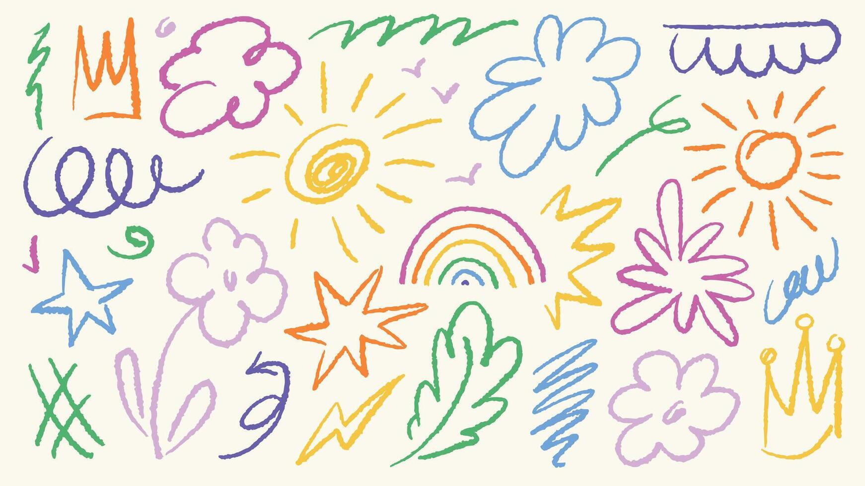 Hand drawn colorful charcoal doodle collection. Pencil drawings set with squiggle shapes and forms include crowns, sun, stars, flowers, clouds, smile and other collage elements vector