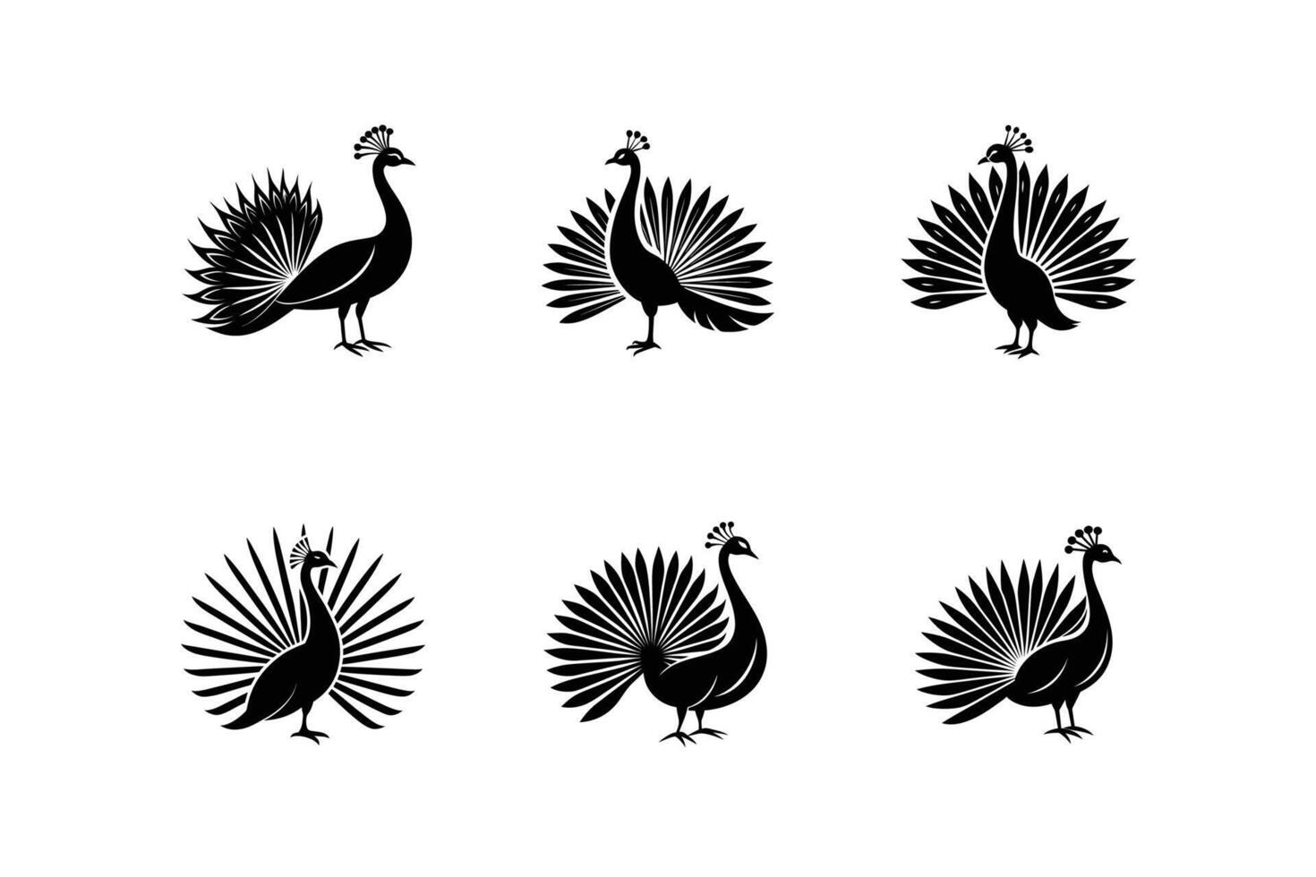 Peacock Set. Set of Peacock logo icons Illustrations. silhouette black color art illustration vector