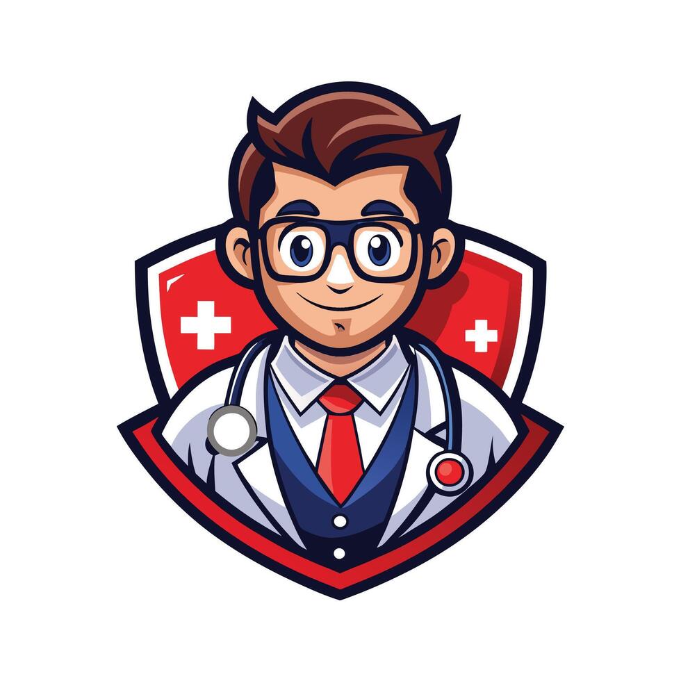 Cute little male doctor cartoon character with stethoscope, logo icon design looking at camera vector