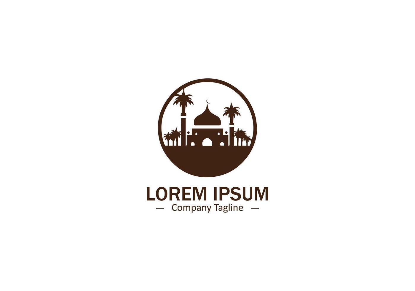A beautiful silhouette of a mosque surrounded by palm trees within a circular frame logo icon illustration. vector