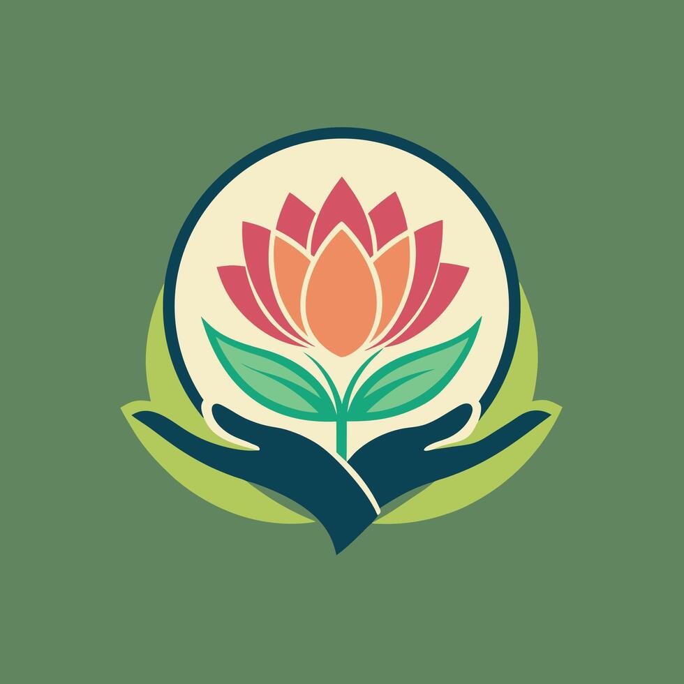 Flower with leaf logo template. Ecology flat Icon Illustration Brand Identity. hands holding logo, Isolated and flat illustration vector