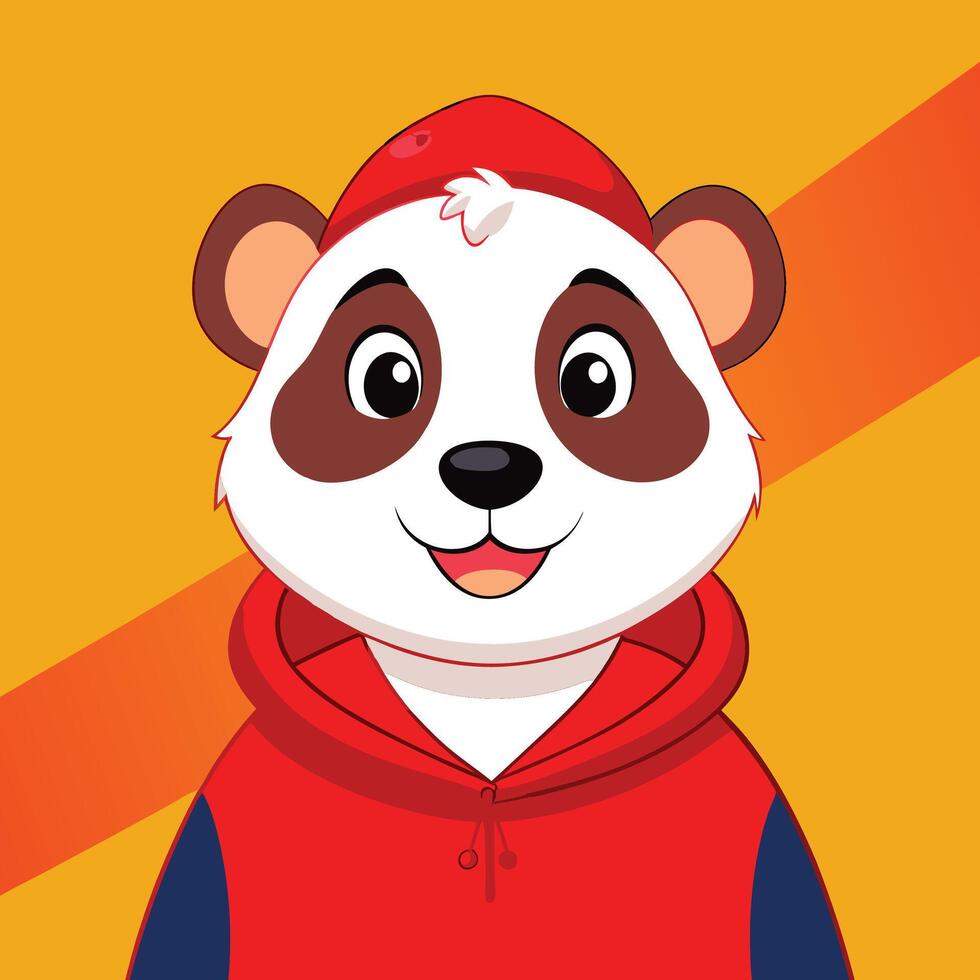 A cheerful panda wearing a red hoodie, standing against an orange background logo icon vector