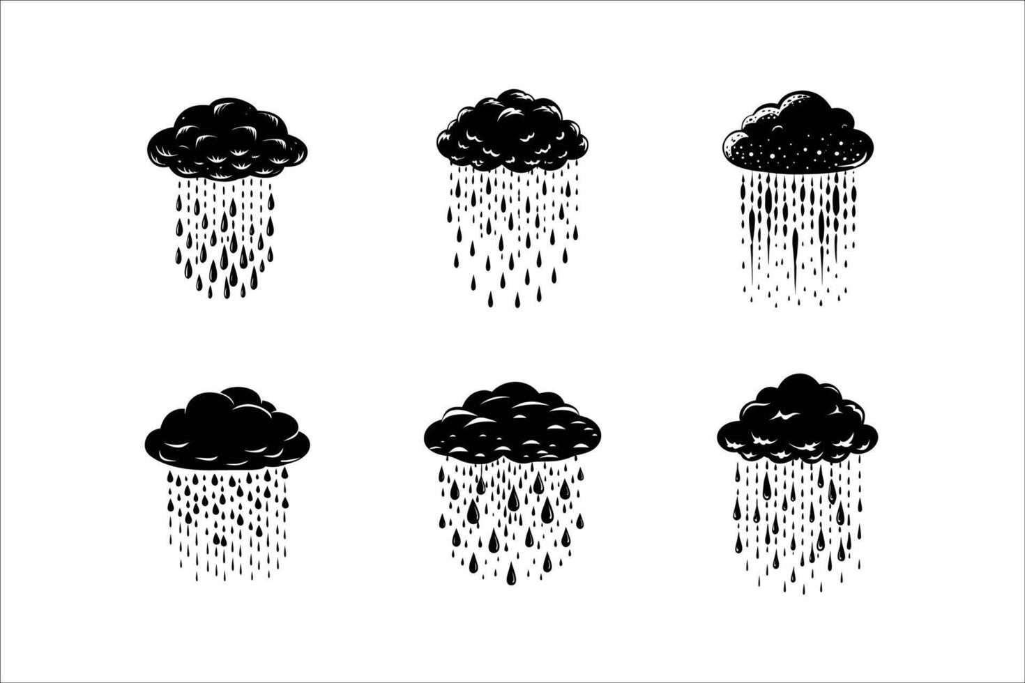 Collection of Dramatic Rain Cloud Logos with Heavy Downpour Silhouettes vector