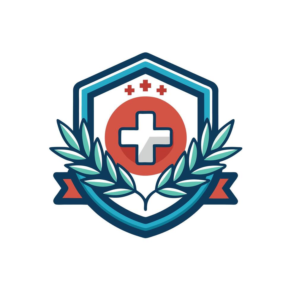 Medical Shield Icon Depicting a Central Cross Symbol Surrounded by Laurel Branches logo , Highlighting Health and Protection vector