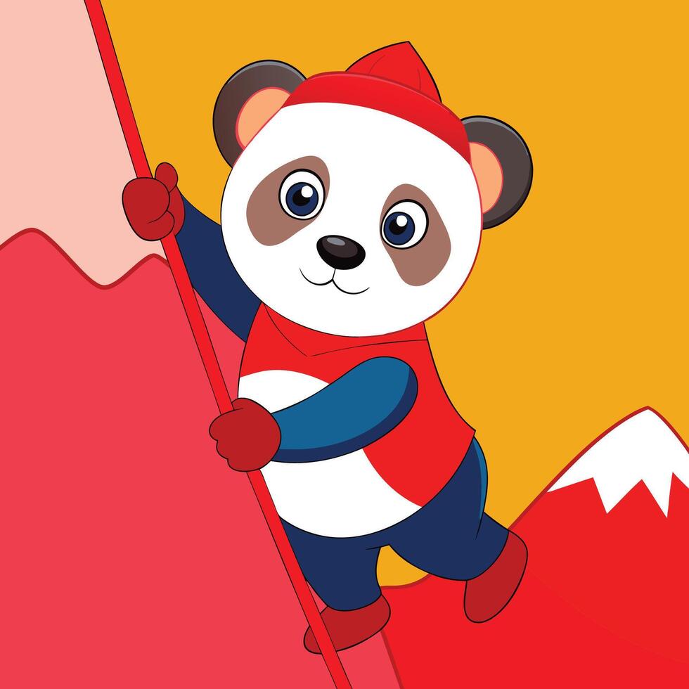A cartoon panda climbing a mountain with a red outfit logo icon vector