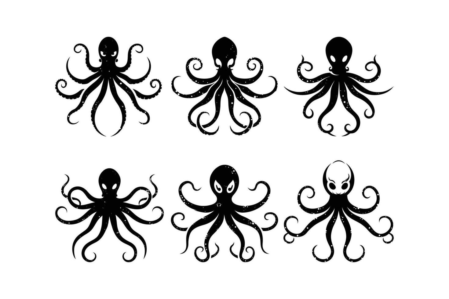 Stylized Octopus Icon Set, Intricate Silhouettes with Swirling Tentacle Designs vector
