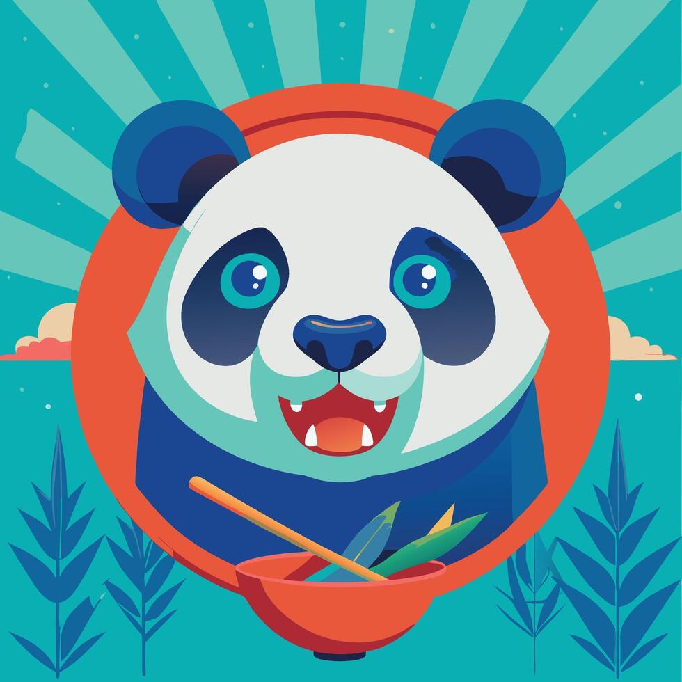 Panda bear enjoying a delicious meal of bamboo shoots. The panda is holding a bowl of bamboo and chopsticks. Panda Eating Bamboo logo icon vector