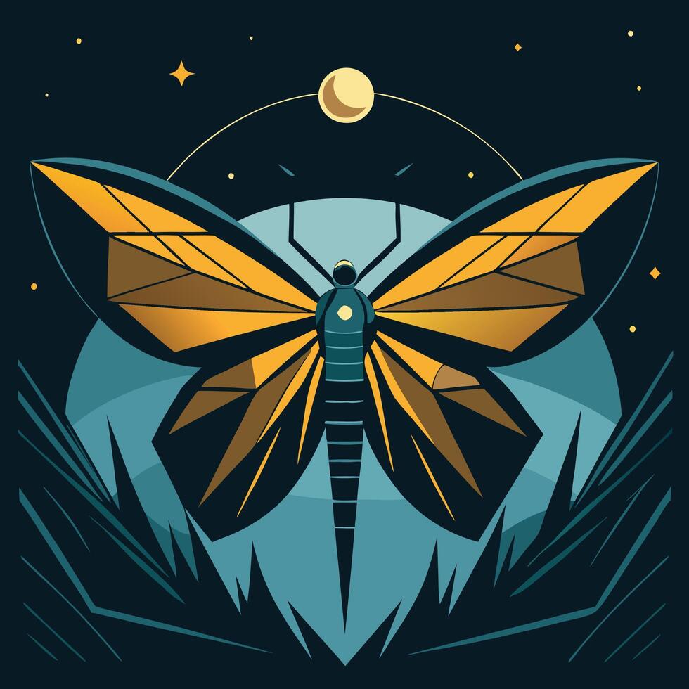 Geometric style butterfly against a cosmic background with stars and a moon logo icon vector