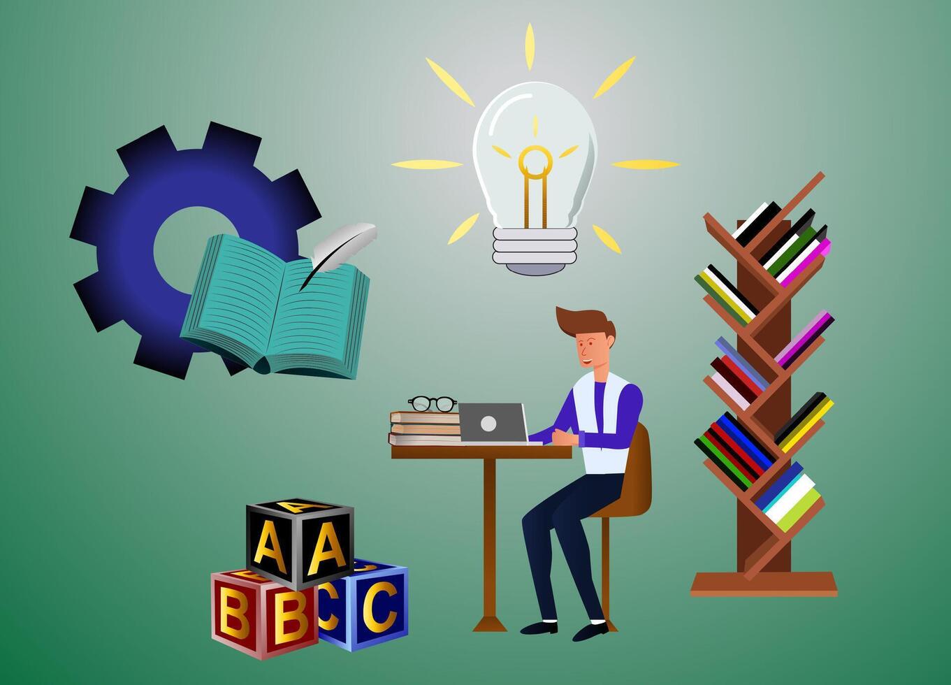 Modern and creative literacy design illustration, featuring books, pens, lamps and education symbols. Suitable for education promotion, literacy and academic projects. vector