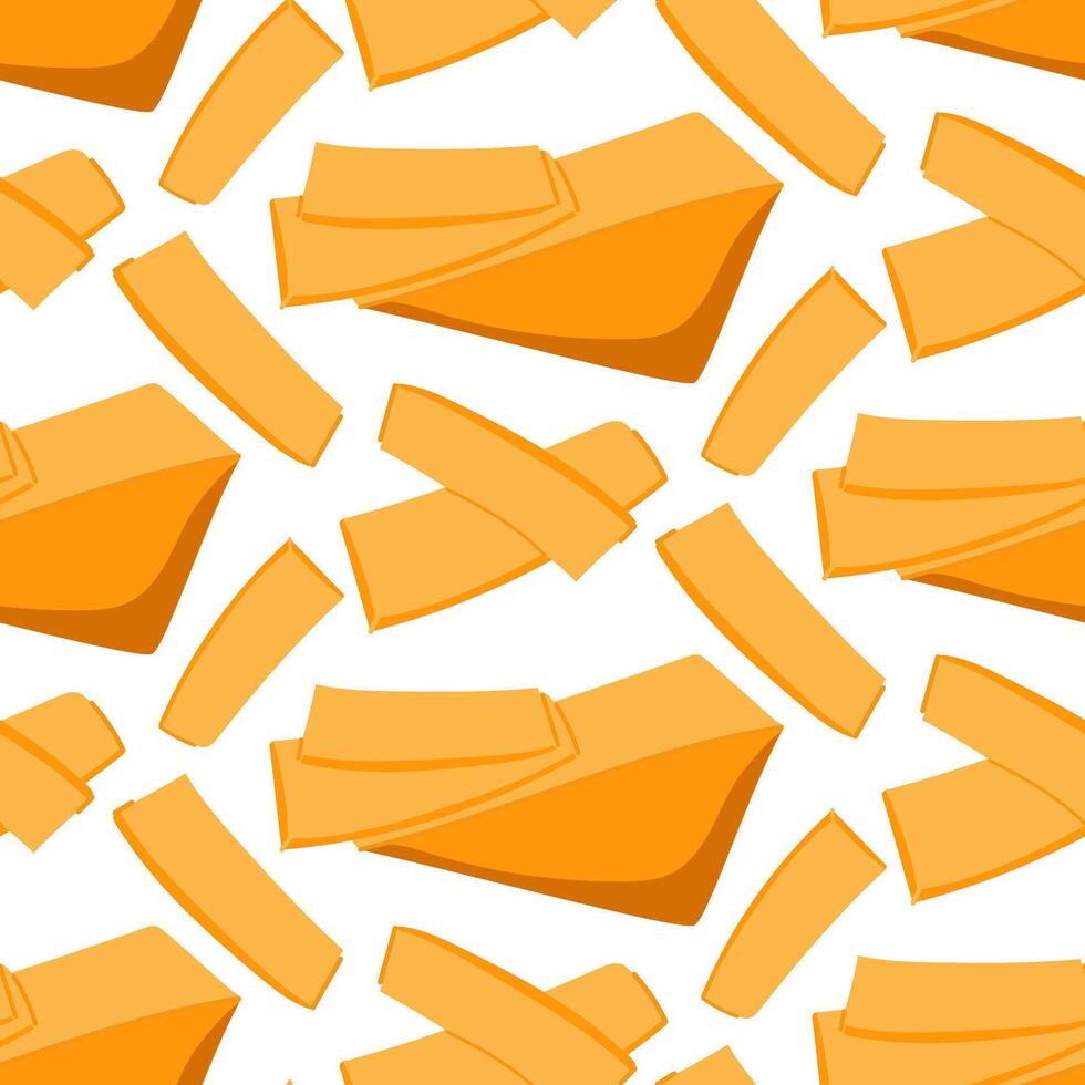 A pattern of thinly sliced pieces of cheddar cheese. A triangular piece of hard orange cheese, cut into flat realistic slices. Texture with thinly sliced dairy products. Scattered pieces vector