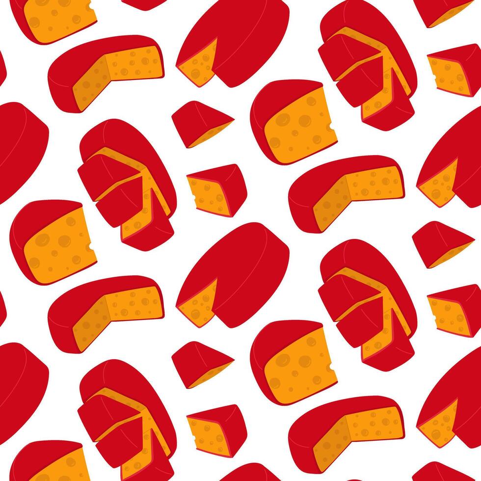 A pattern of triangular pieces of yellow cheese arranged on top of each other and covered with red wax. illustration of porous dairy products in a flat style. Texture of the food pieces vector
