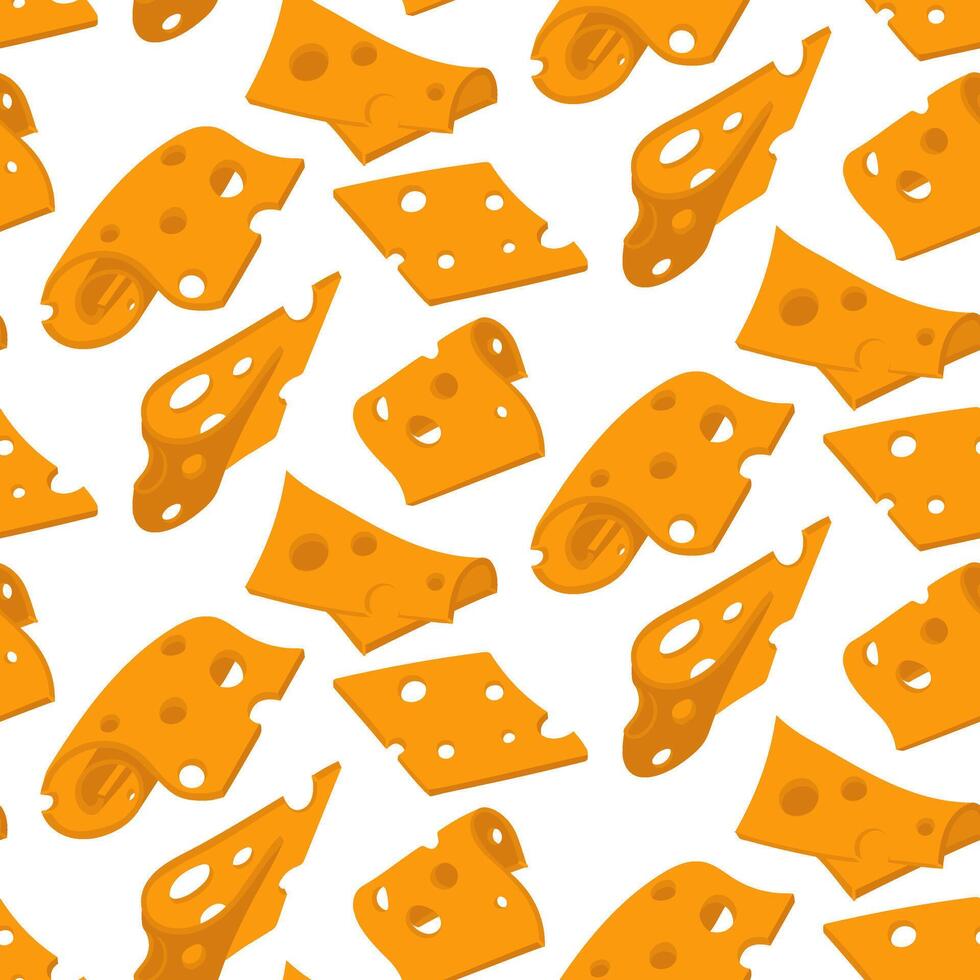 pattern of various thinly sliced slices of yellow cheese with holes. flat illustration of cheeses in different positions, in groups and individual slices, modern texture of pieces products. vector
