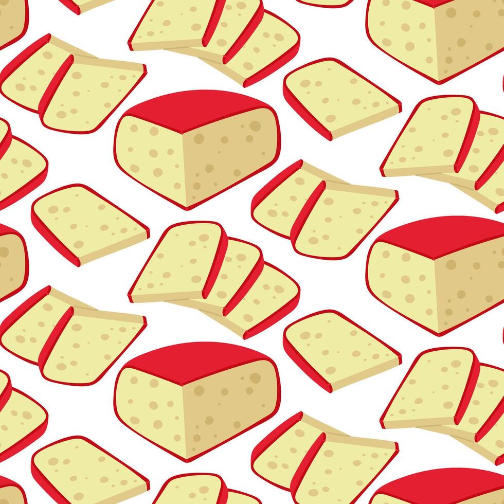 pattern of gouda cheese slices with a thin flat slice and triangular pieces, cheese in red wax package. Texture triangular slice with slicing on a white background for illustration for tasting vector