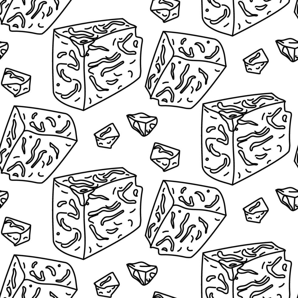 pattern of doodle cheese is Roquefort, gorgonzola or Stilton noble mold black lines on a white background. flat illustration of large piece of cheese with small pieces separated from the main one vector