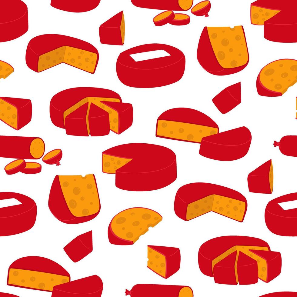 pattern of triangular pieces of yellow cheese arranged on top of each other, covered with red wax. illustration of porous dairy products in flat style. Texture of the pieces of dairy products vector