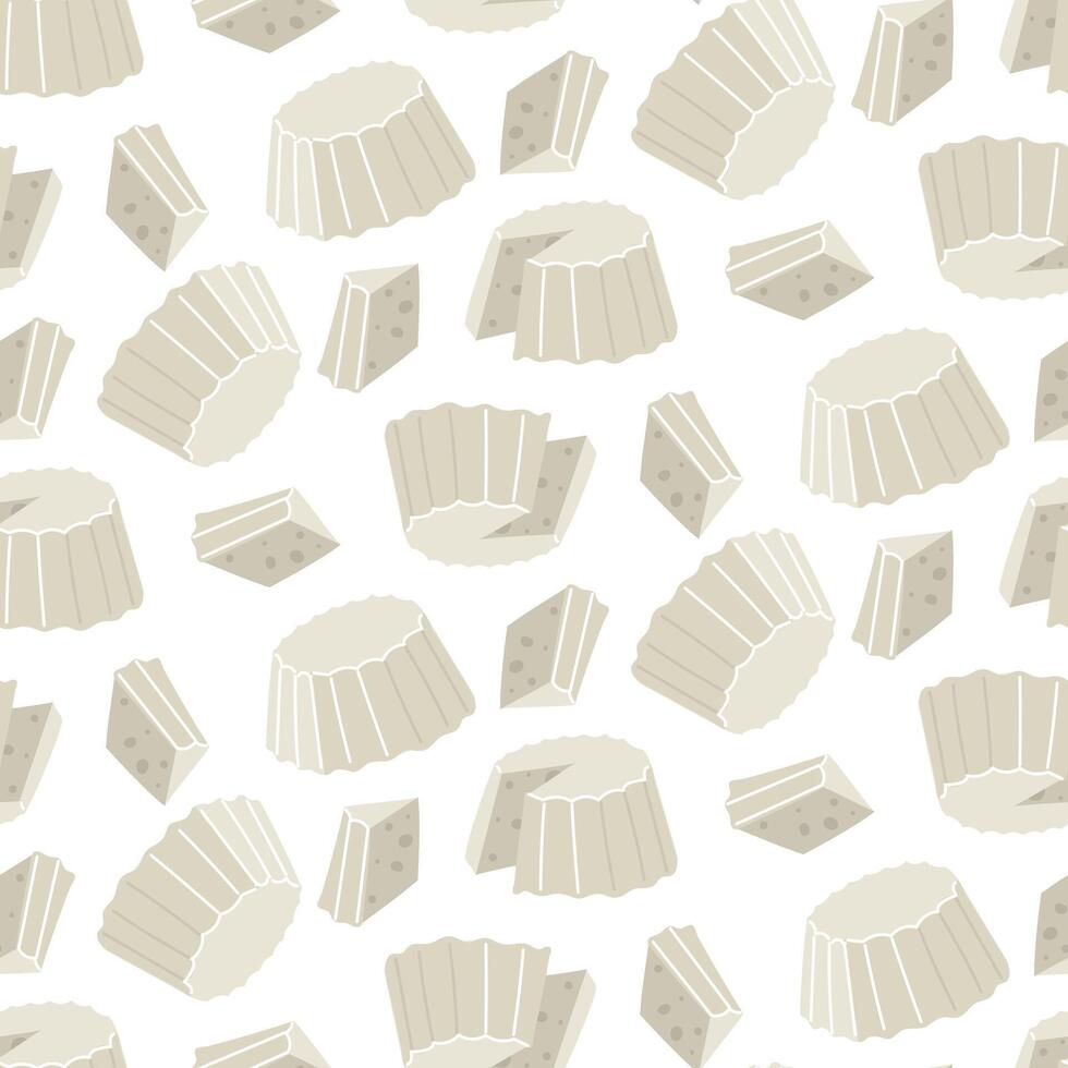 A pattern of ricotta cheese in a flat shape. In the form of a whole, incised and triangular piece. The texture of a dairy product, light cheese, highlighted on a white background. Pressed product vector