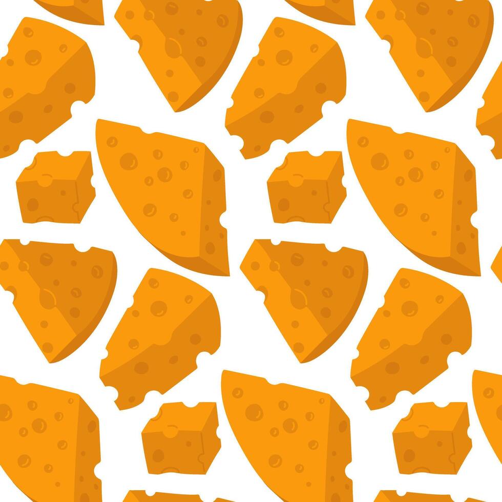 pattern of various cubes and triangular pieces of yellow cheese with holes. a flat illustration of cheeses in different positions, in groups and individual slices, texture of pieces of dairy products. vector
