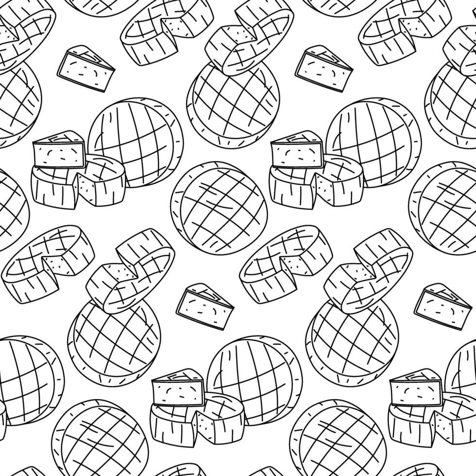 A pattern of doodle pieces of Camembert cheese of various shapes, which is a French dish of soft cream with Brie cheese in a flat shape. Circle, triangle in seamless monochrome texture. Food vector