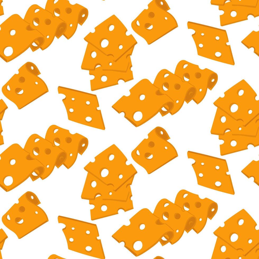 pattern of various thinly sliced slices of yellow cheese with holes. flat illustration of cheeses in different positions, in groups and individual slices, modern texture of pieces of dairy products. vector