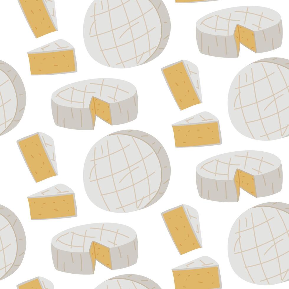 A pattern of pieces of Camembert cheese of various shapes, a French soft creamy dish with brie cheese in the form of tortillas highlighted on a white. Texture with a whole circle, triangle, cut piece vector