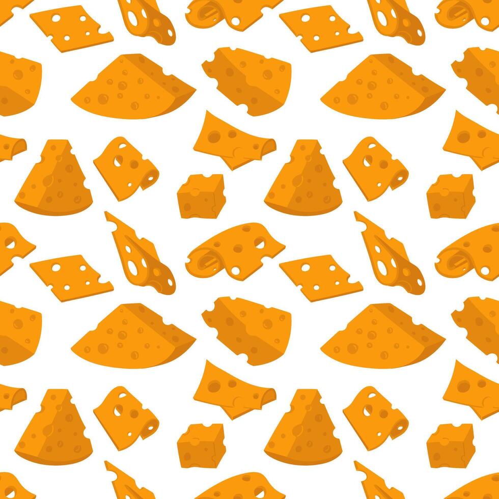 pattern of various thinly sliced slices and triangular pieces of yellow cheese with holes. flat illustration of cheeses in different positions, individual slices, texture of pieces of dairy products. vector