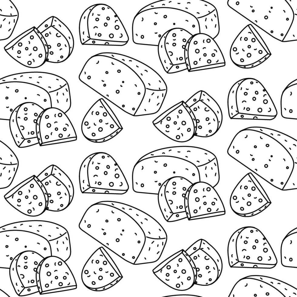 A pattern of doodles depicting various pieces of Feta cheese. A whole piece of pressed dairy product with sliced pieces. Greek curd cheese made from dairy products has a seamless texture vector