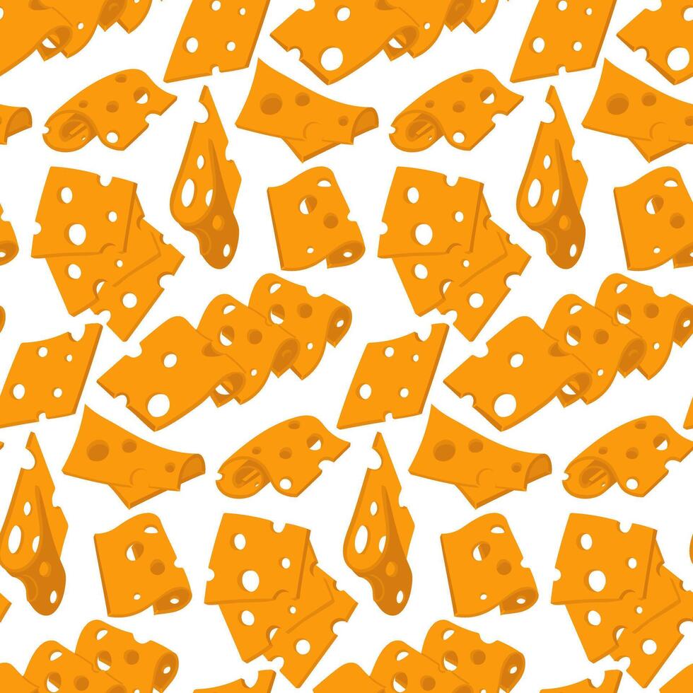A pattern of various thinly sliced slices of yellow cheese with holes. flat illustration of cheeses in different positions, in groups and individual slices, modern texture of pieces of dairy vector
