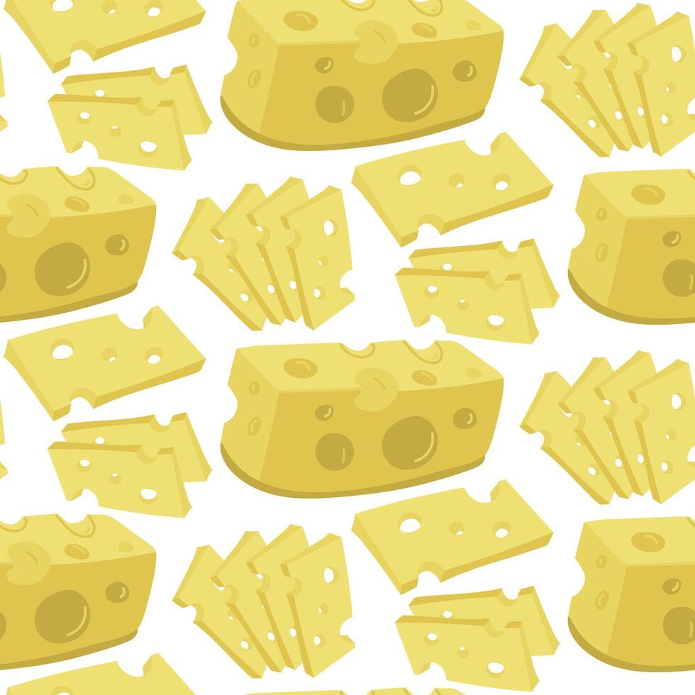 pattern of slices of maasdam cheese. Sliced into slices of hard yellow cheese with holes on white. illustration. Porous masdam in flat realistic style. Ideal posters, banners, menus and shops vector