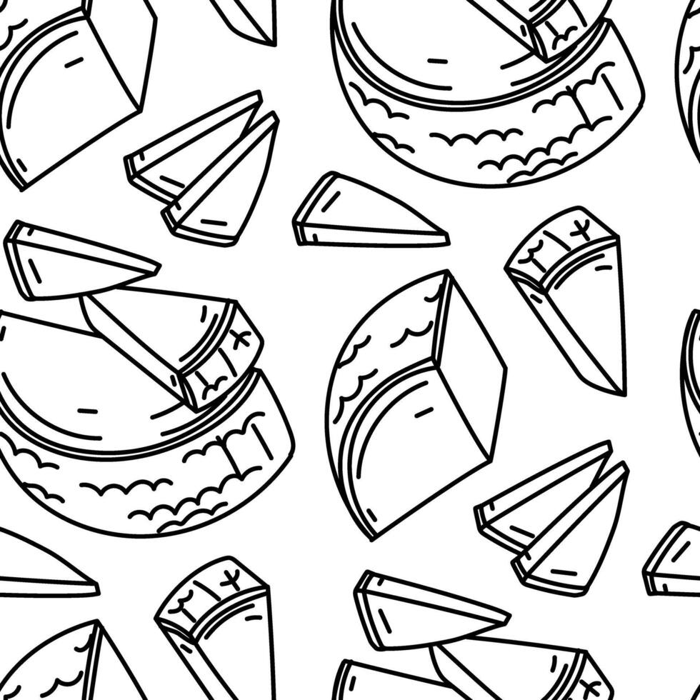 A pattern of doodle parmesan or pecorino cheese in the form of semicircular triangular pieces, conveniently sliced, illustration of a dairy product. Texture fine lines on white vector