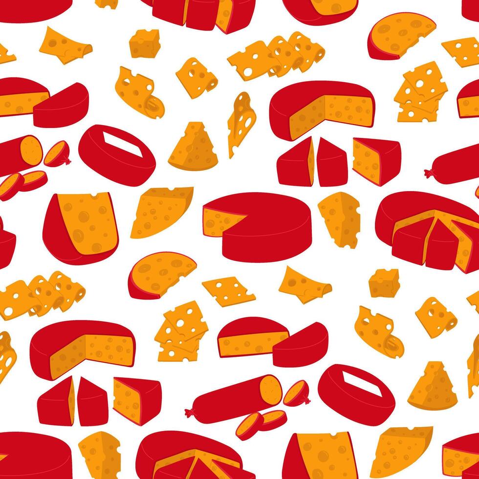pattern of triangular pieces and thin slices of yellow cheese arranged on top of each other and covered with red wax. illustration of porous dairy products in flat style. Texture of the pieces vector