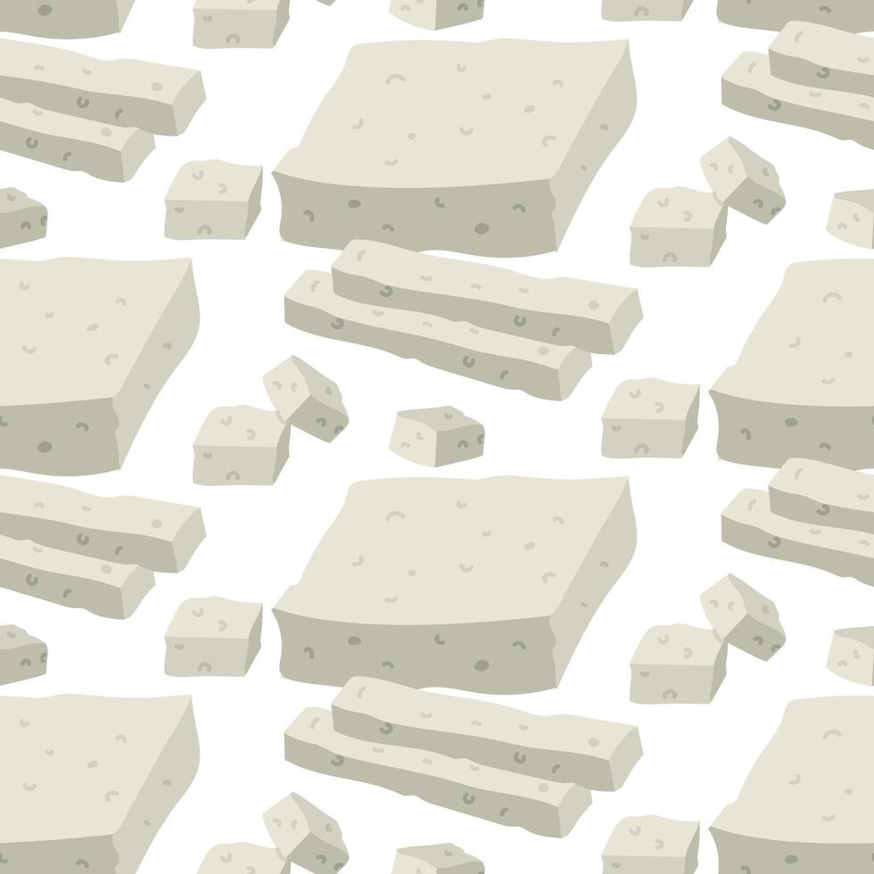 pattern of flat pieces of feta cheese, on white. A whole piece, a rectangle, a cube of pressed dairy product, sliced and diced. White Greek curd cheese made from milk. Texture for the dairy food menu vector