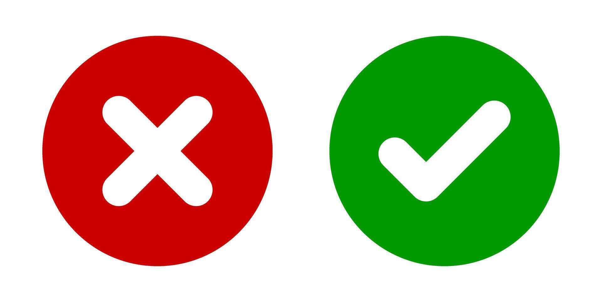 Green check mark and red cross icon, confirm and deny icons, set of right and wrong simple web buttons isolated on white background vector