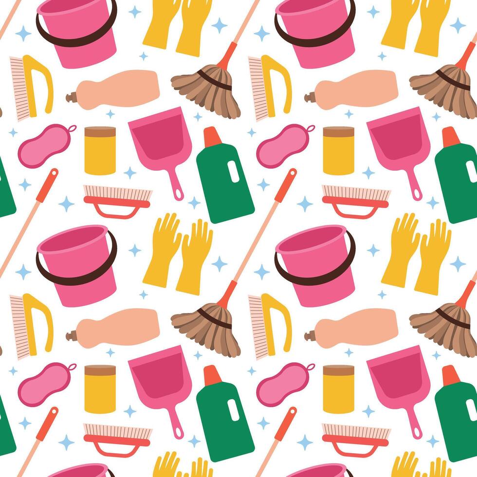 Cleaning seamless pattern. Mop, bucket, gloves, brush and other cleaning tools. illustration in clip art style for background, packaging, wrapping paper, cleaning agency website vector