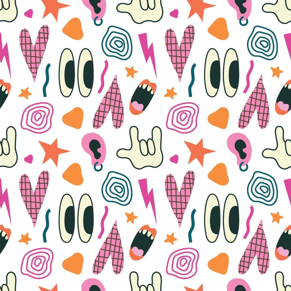 Psychedelic seamless pattern. Rock sign, eyes, open mouth, lips, lightning and other bright elements. illustration for teenage clothing, background, case, cover, packaging, wrapping paper vector