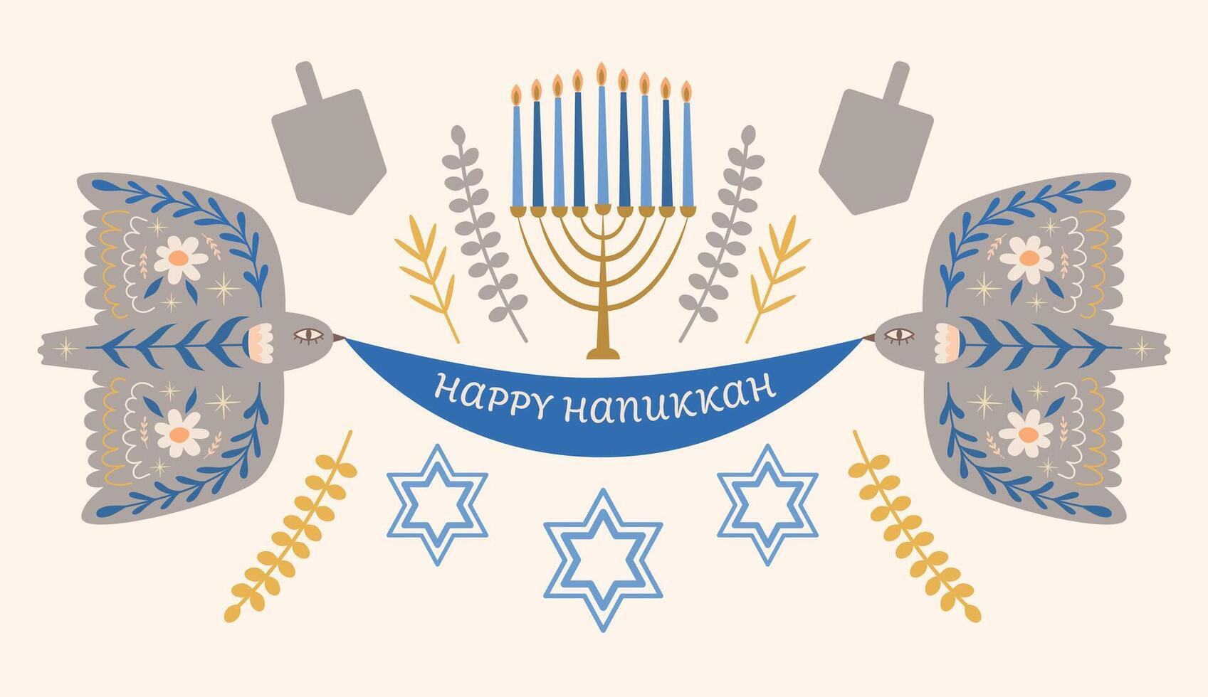 Hanukkah holiday concept, greeting card. Folk bird, flowers, dreidel, star of David and plants. Hand drawing illustration for holiday design. vector