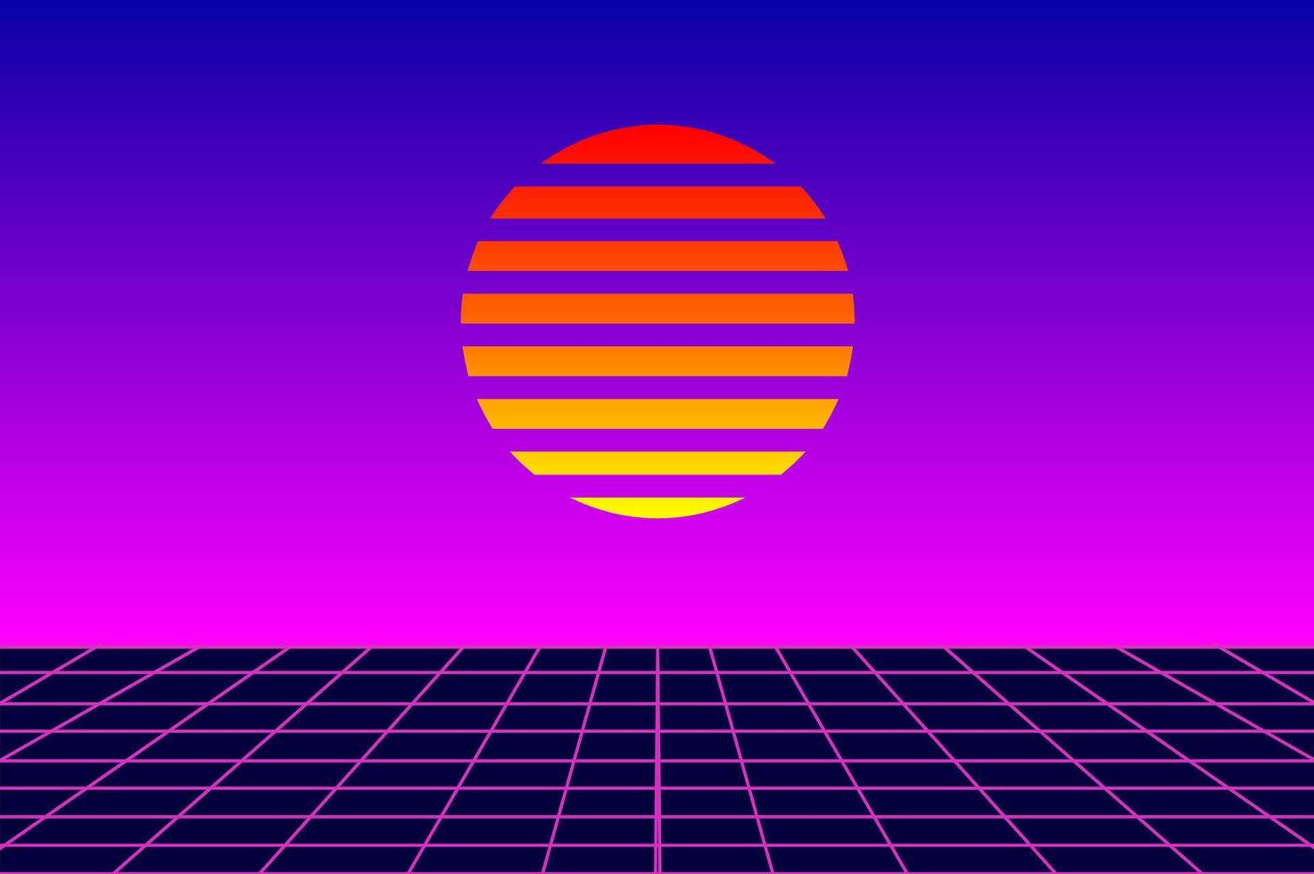 Retro Vaporwave Sunset with Neon Grid and Striped Sun in Purple Gradient Background vector