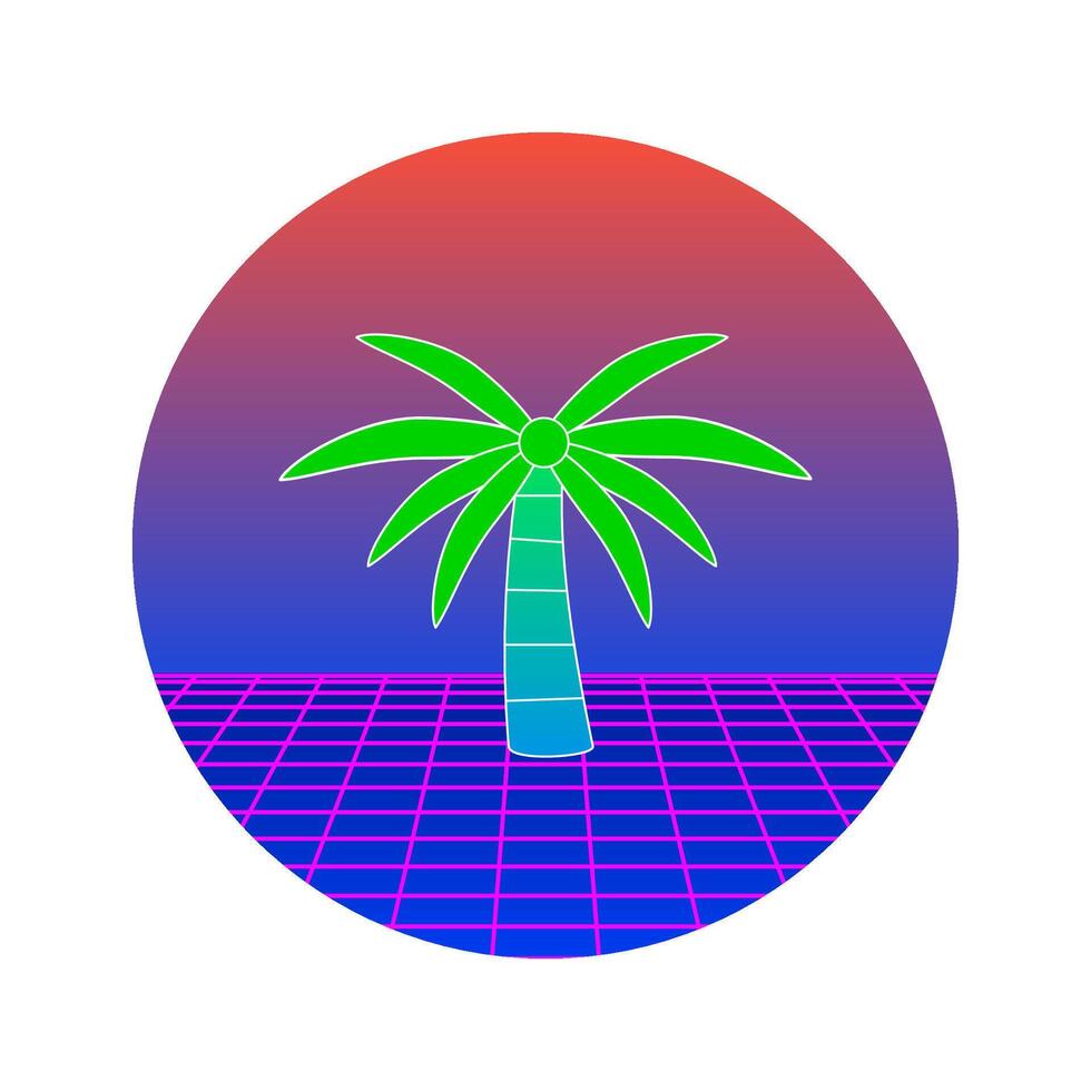 Vaporwave Palm Tree with Neon Grid and Gradient Sunset on Checkered Background vector