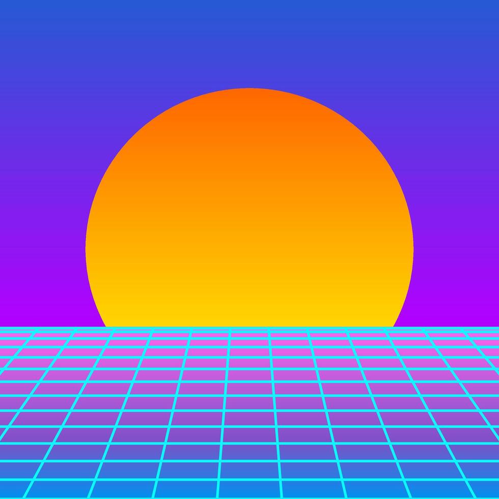 Retro Vaporwave Neon Grid Background with Gradient Sunset vector