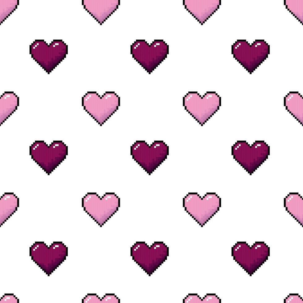 A seamless pattern featuring pink pixel hearts on a white background, designed in 8-bit retro style. Perfect for Valentine's Day backgrounds and themed projects. vector