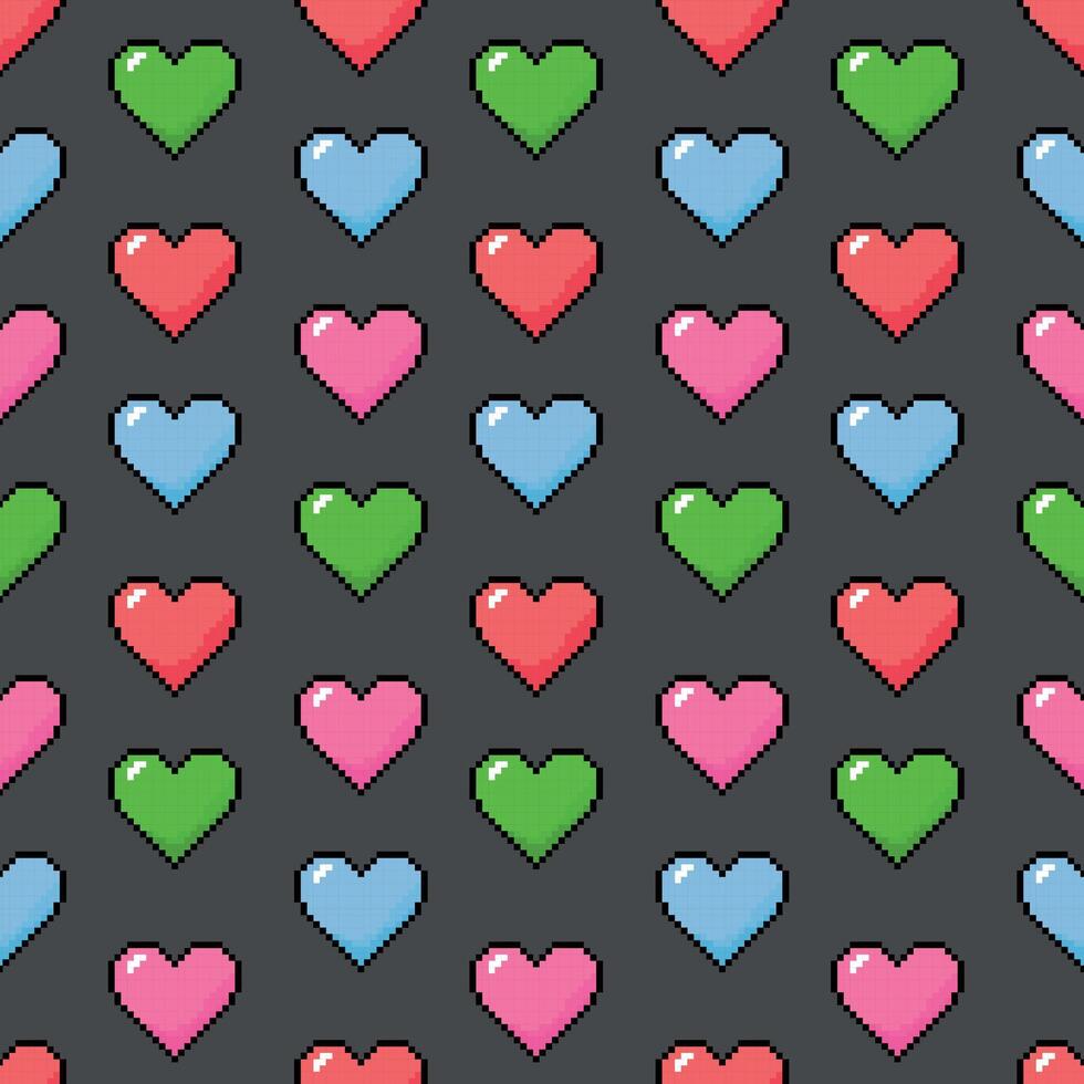 Seamless pattern with multicolored pixel hearts on a white background. 8 bit illustration. vector