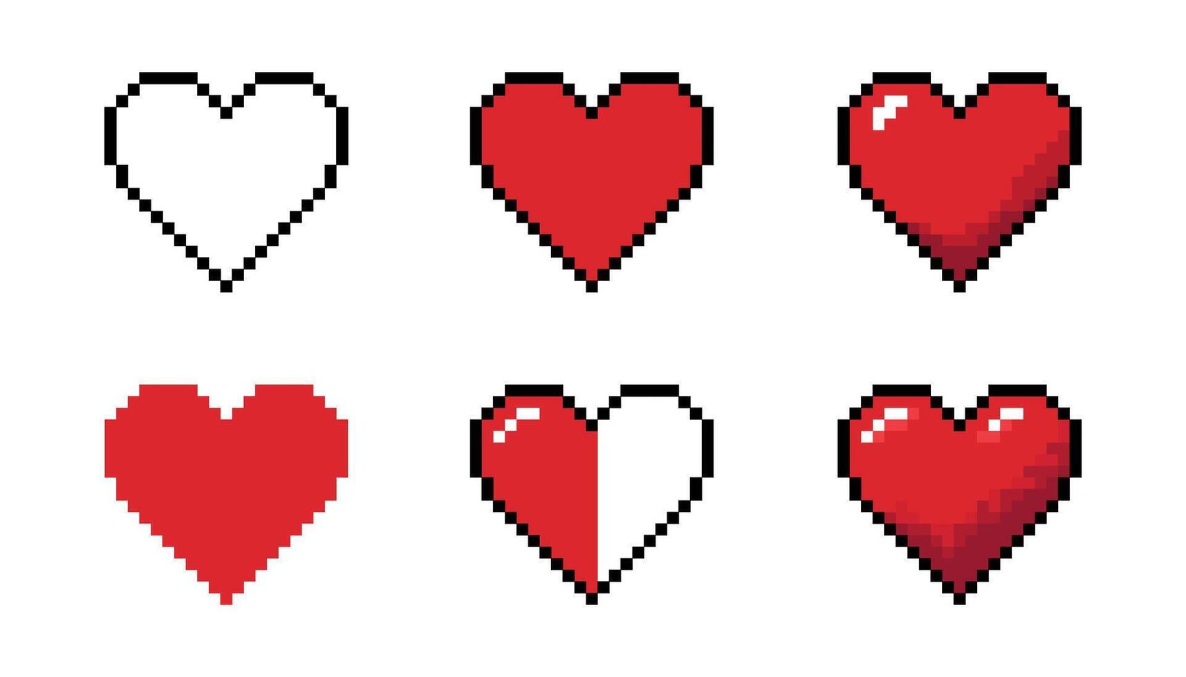A set of red pixel heart icons in 8-bit retro style, perfect for Valentine's Day themes, gaming, or digital applications. illustration for versatile use. vector