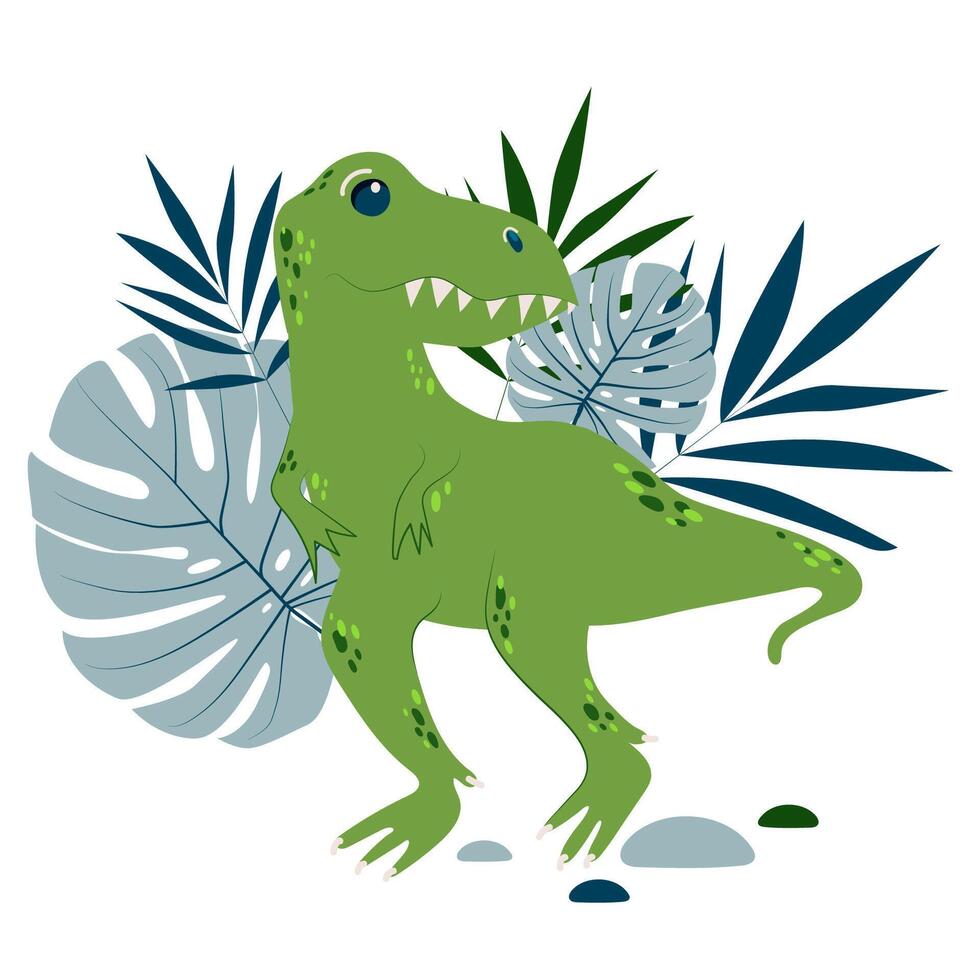 Dinosaur T Rex, Tyrannosaurus with palm and monsterrra leaves, t shirt print design, poster, card, party invitation vector